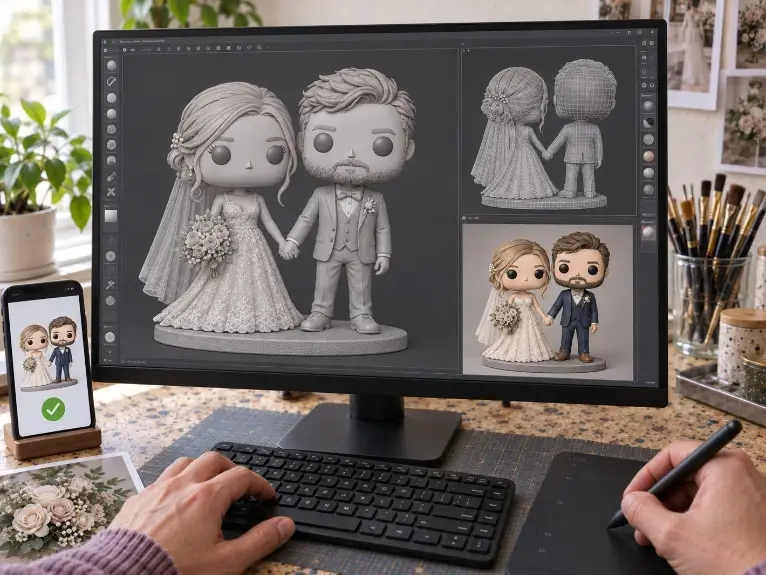 Цифрове 3D моделювання та погодження макету весільних фігурок у стилі funko pop 