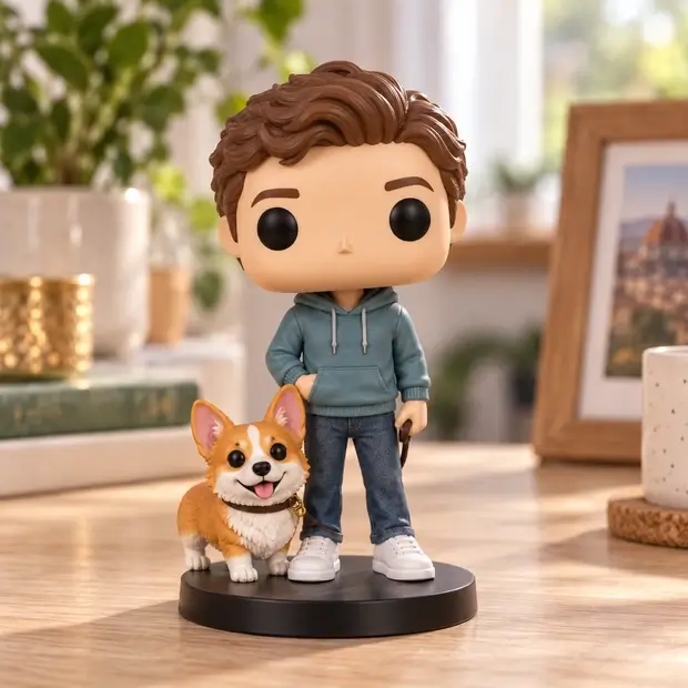 3d фігурка з собакою на замовлення хлопець з собакою на повідку коргі 